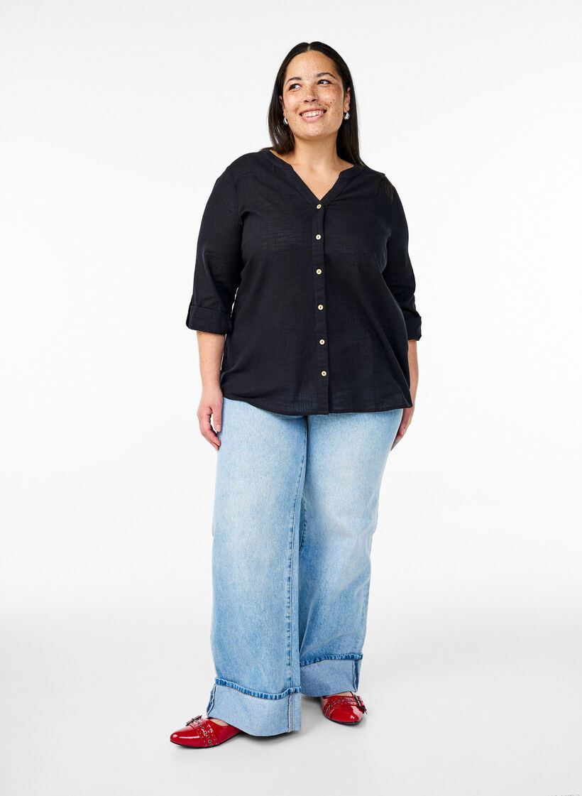 Chemisier en coton avec un col en V, Noir, Model image number 1