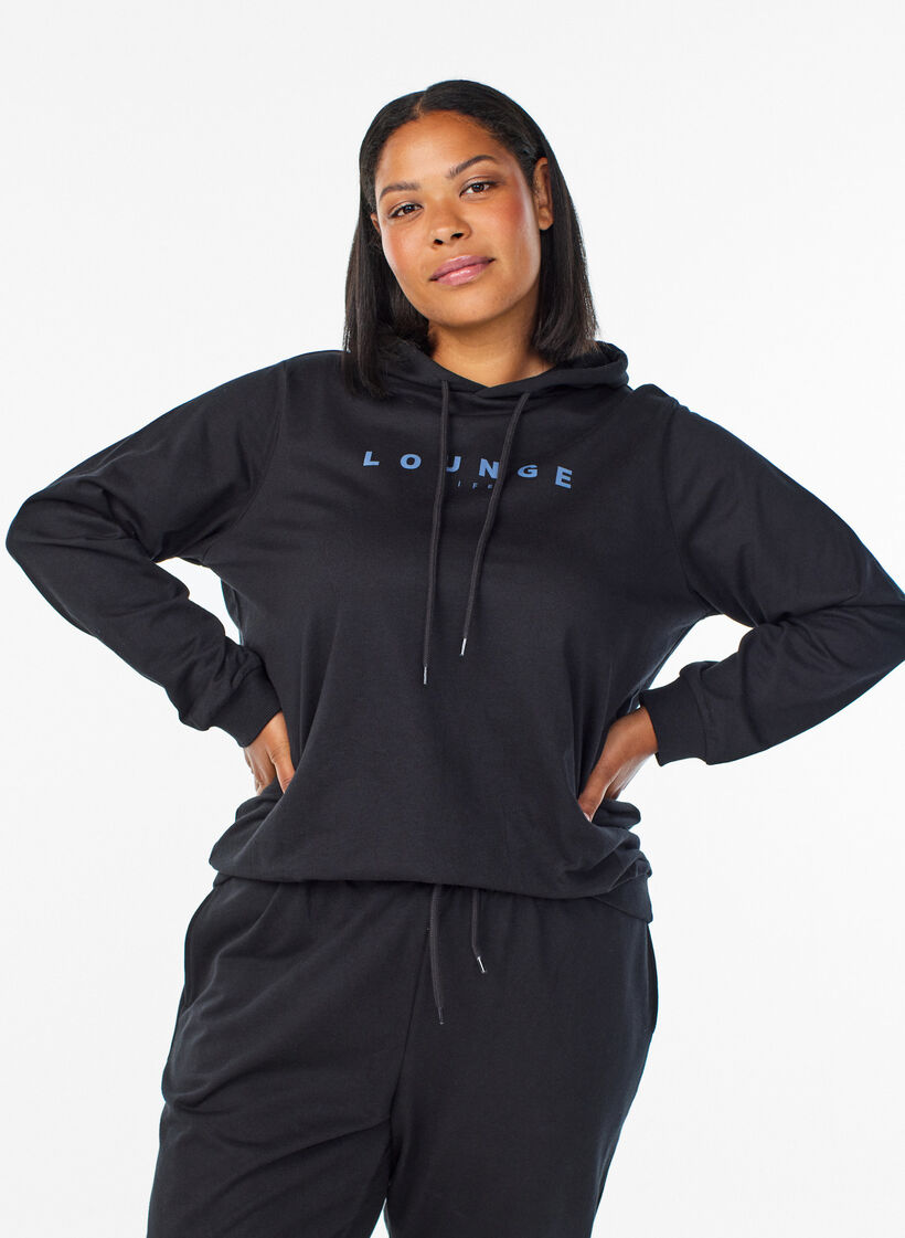 Sweater met capuchon en print, Zwart, Model image number 0