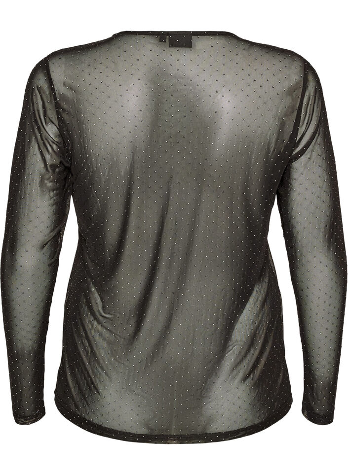 Transparante mesh blouse met strassteentjes, Zwart, Packshot image number 1