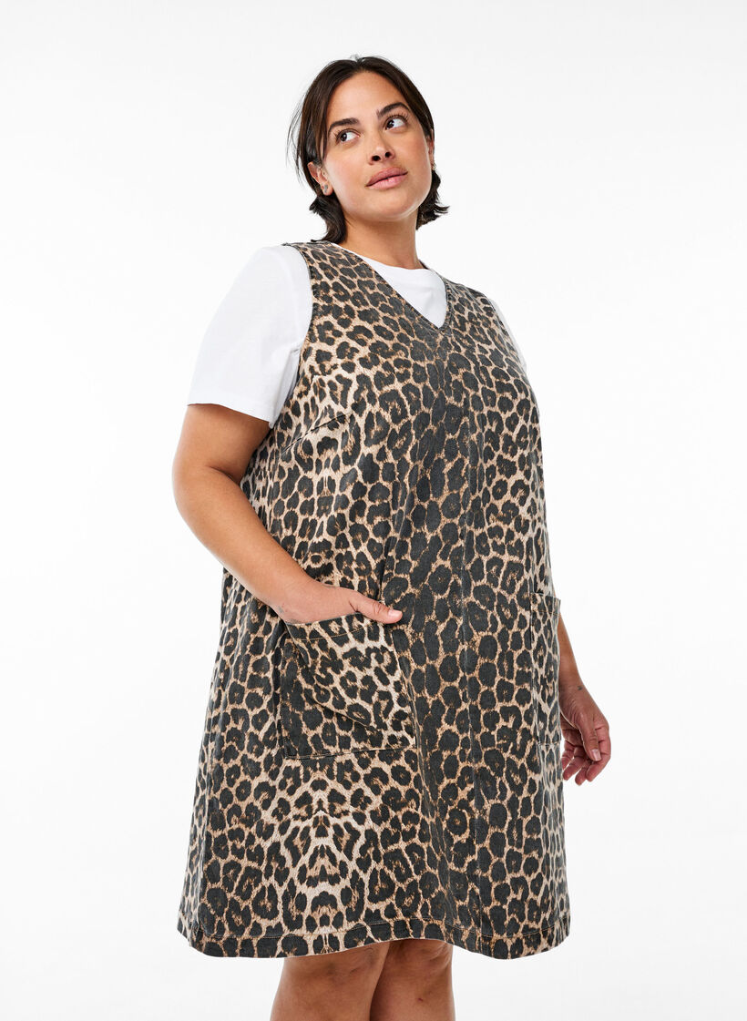 Pinafore jurk met zakken en luipaardprint, Bruin, Model image number 0