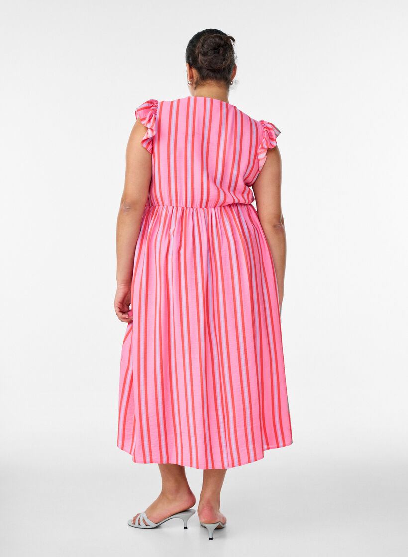 Robe midi &agrave; rayures avec coupe empire et volants, Rose, Model image number 1