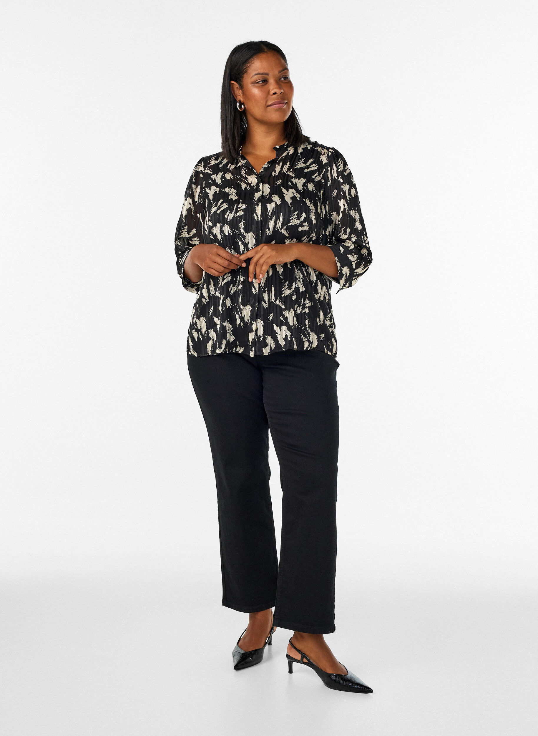 ZizziBlouse met patroon, opstaande kraag en 3/4-mouwen, Zwart, Model image number 1