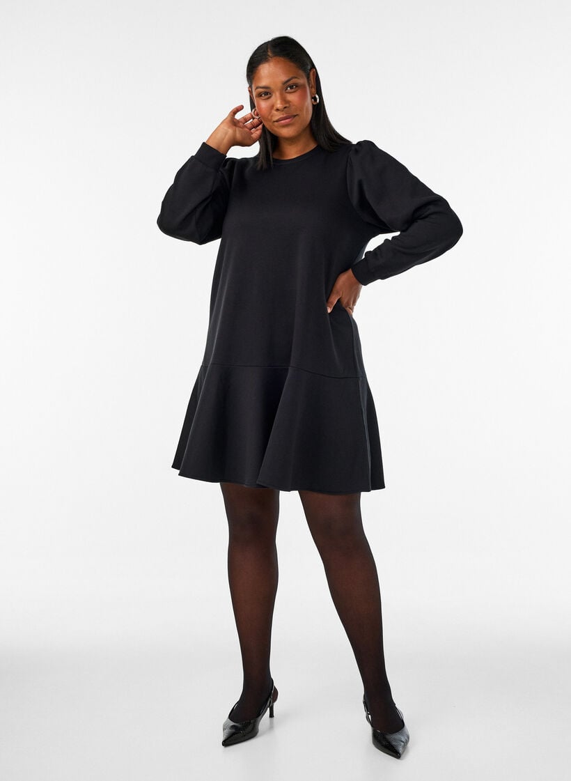 Sweatshirtjurk met ruches in laagjes en A-lijnvorm, Zwart, Model image number 1