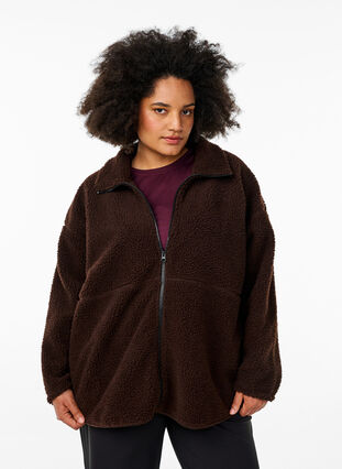 ZizziSportieve teddy fleece jas met ritssluiting, Hot Fudge, Model image number 0