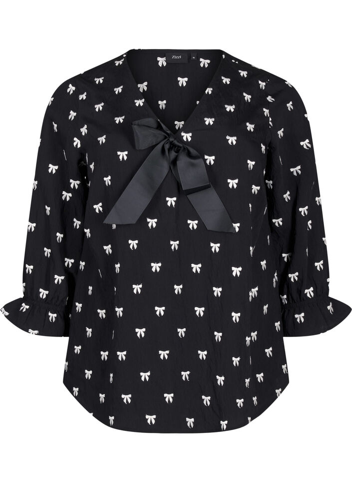 Blouse met strikjes en 3/4 mouwen, Black White Bow, Packshot image number 0