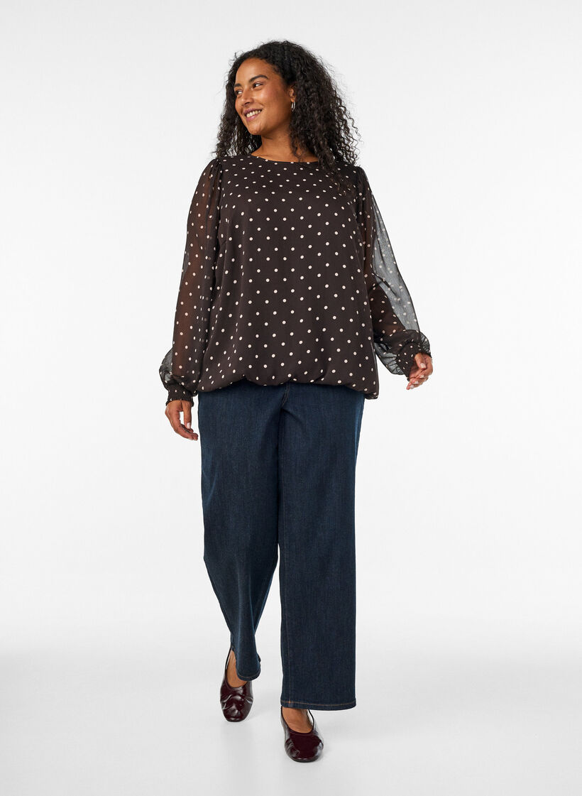 Chiffon blouse met stippen en doorschijnende mouwen, Bruin, Model image number 1