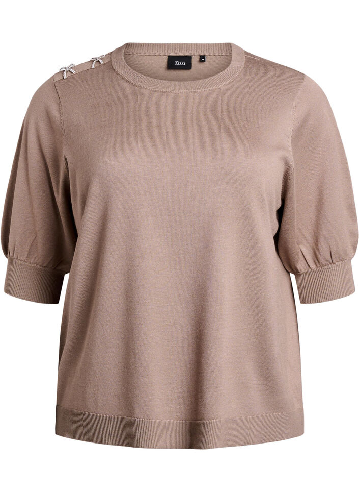 Gebreide blouse met korte mouwen en kleine strikken, Desert Taupe, Packshot