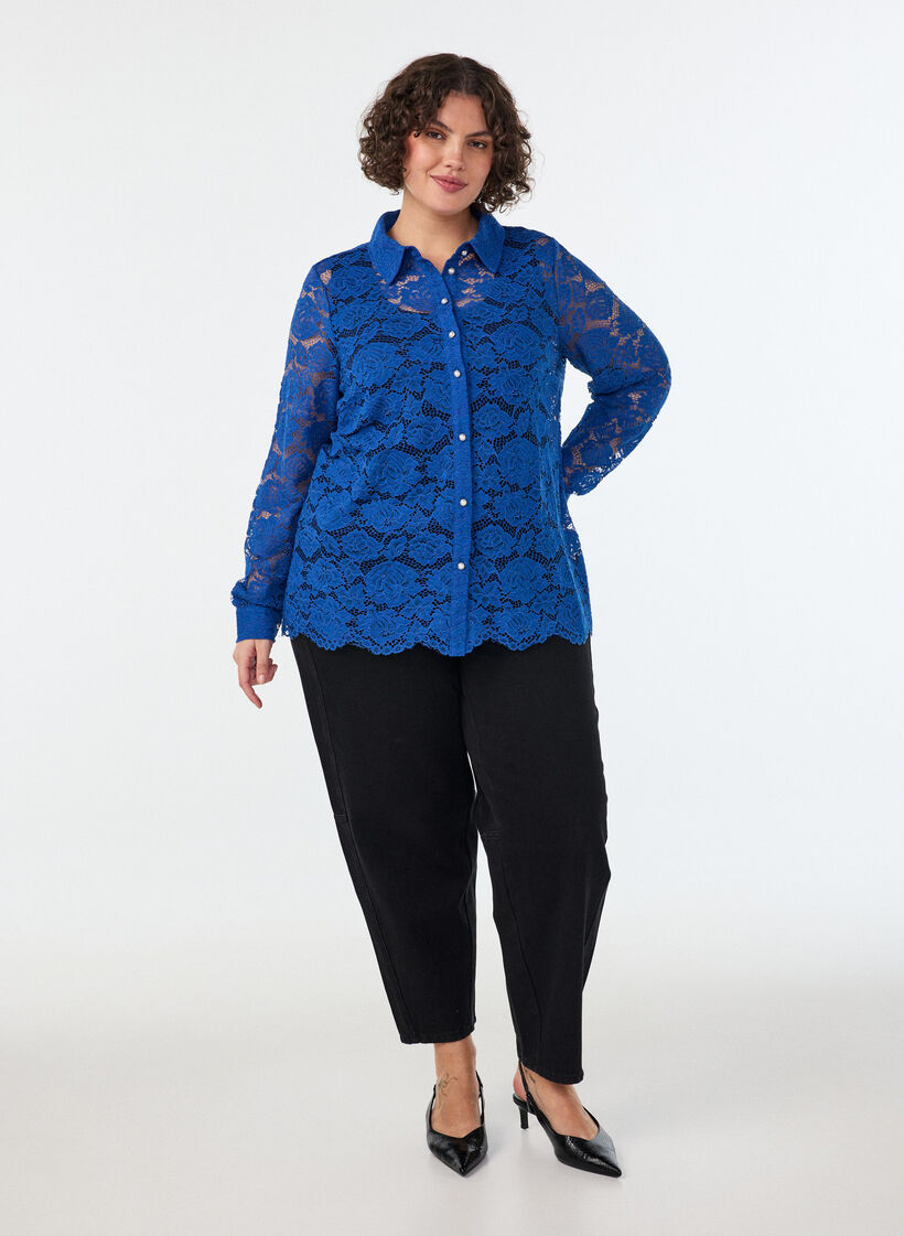 Kanten shirt met parelknopen, Blauw, Model image number 1