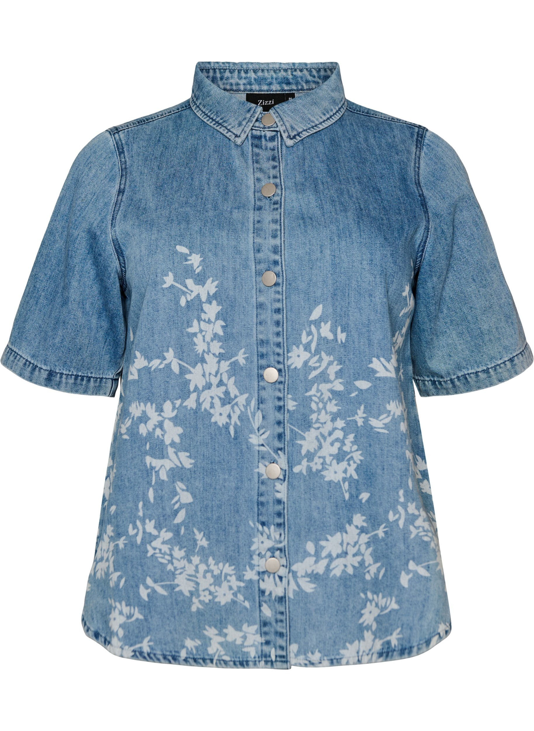 Denimshirt met bloemenprint en korte mouwen