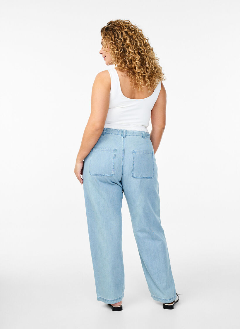 High-waisted jeans met strikceintuur, Blauw, Model image number 1