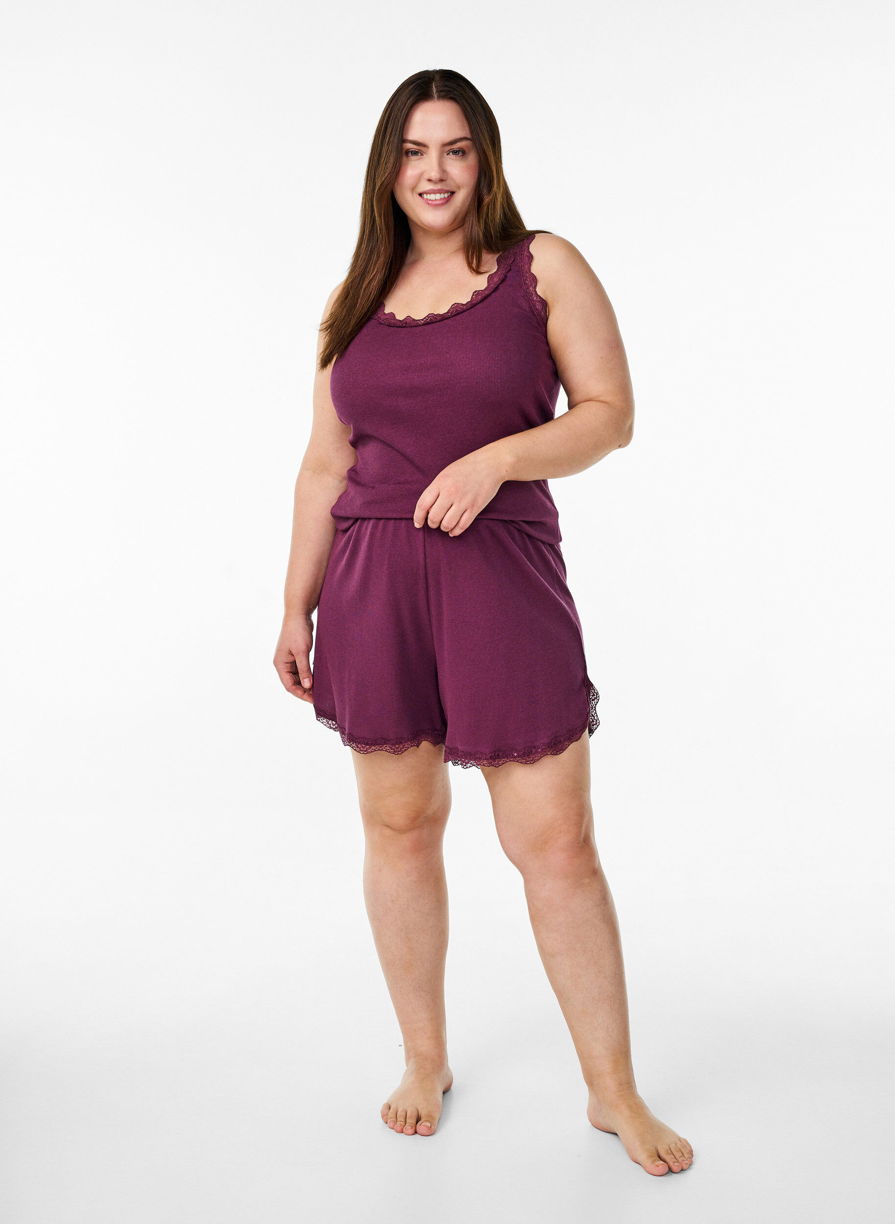 ZizziLichte nachtshorts met ribde structuur en kanten afwerking, Donker Bordeaux, Model image number 1