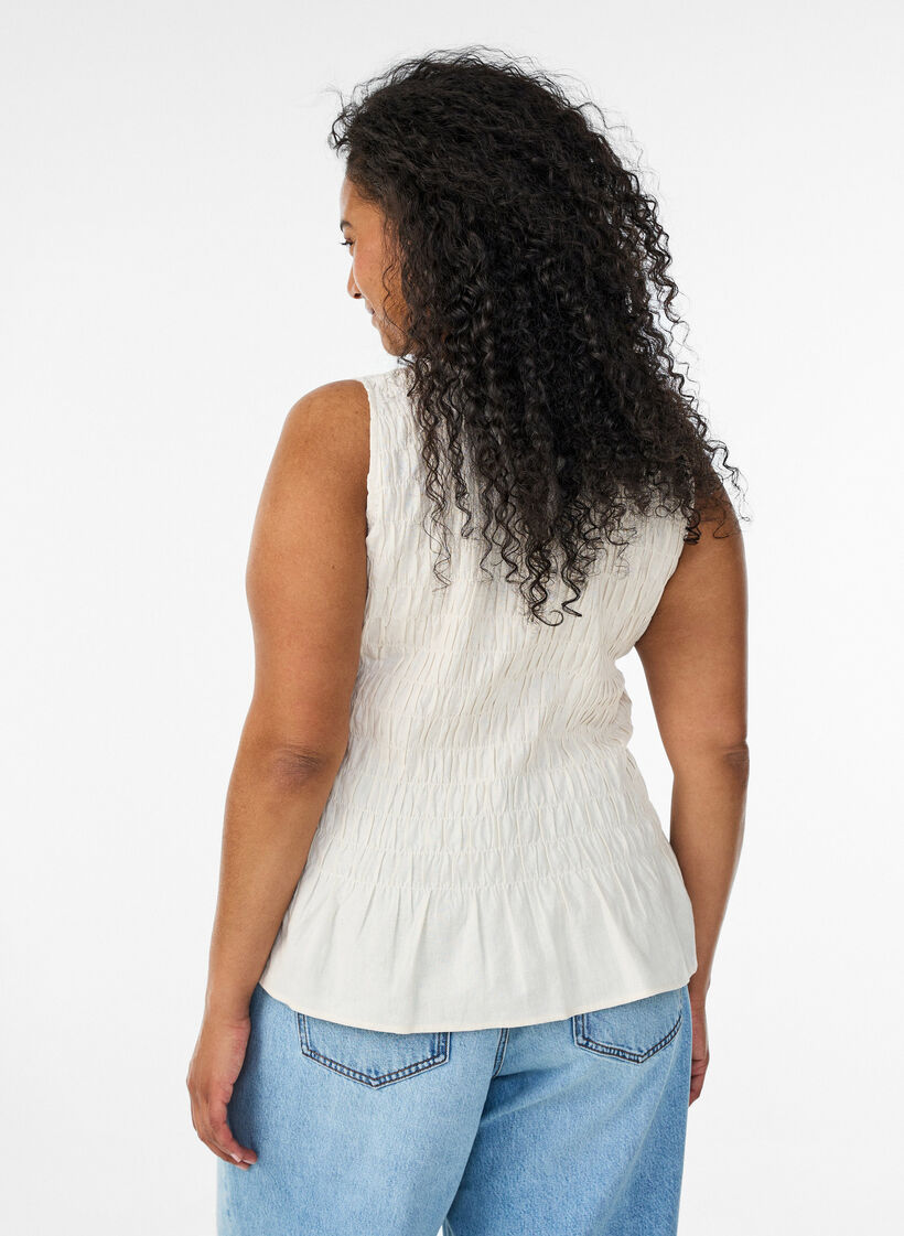 Mouwloze top van katoen en linnen met smock, Vanille, Model image number 2
