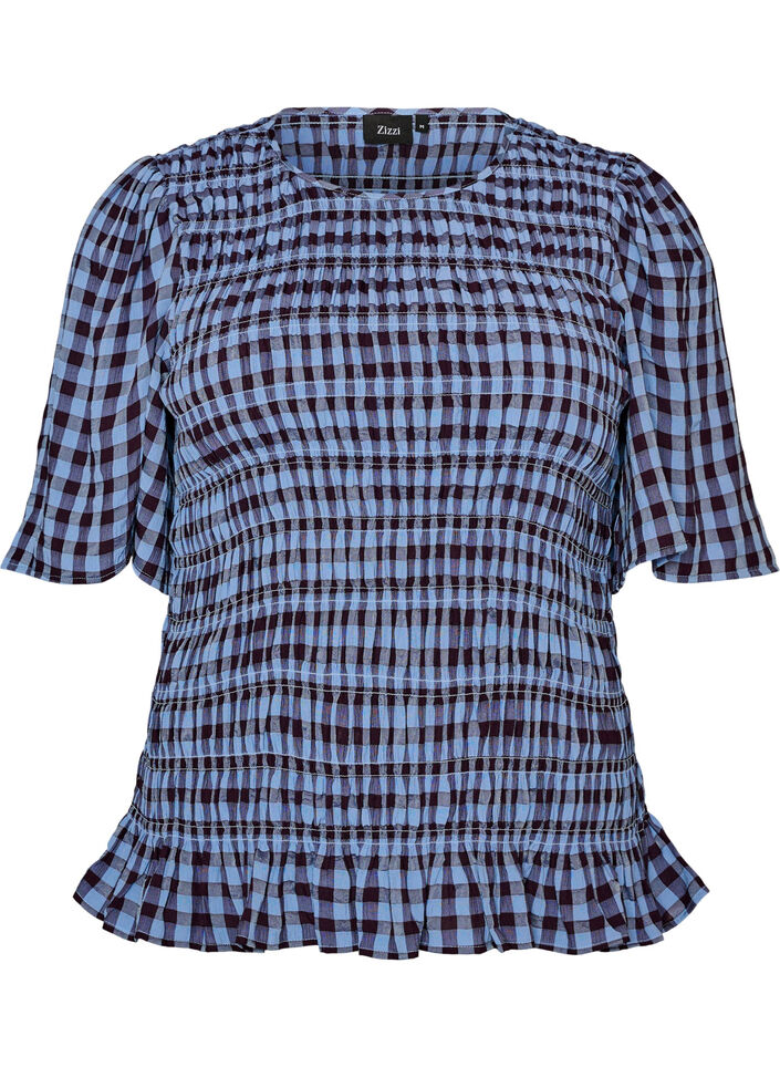 Smockblouse met ginghamruit en rucherand, Blauw, Packshot