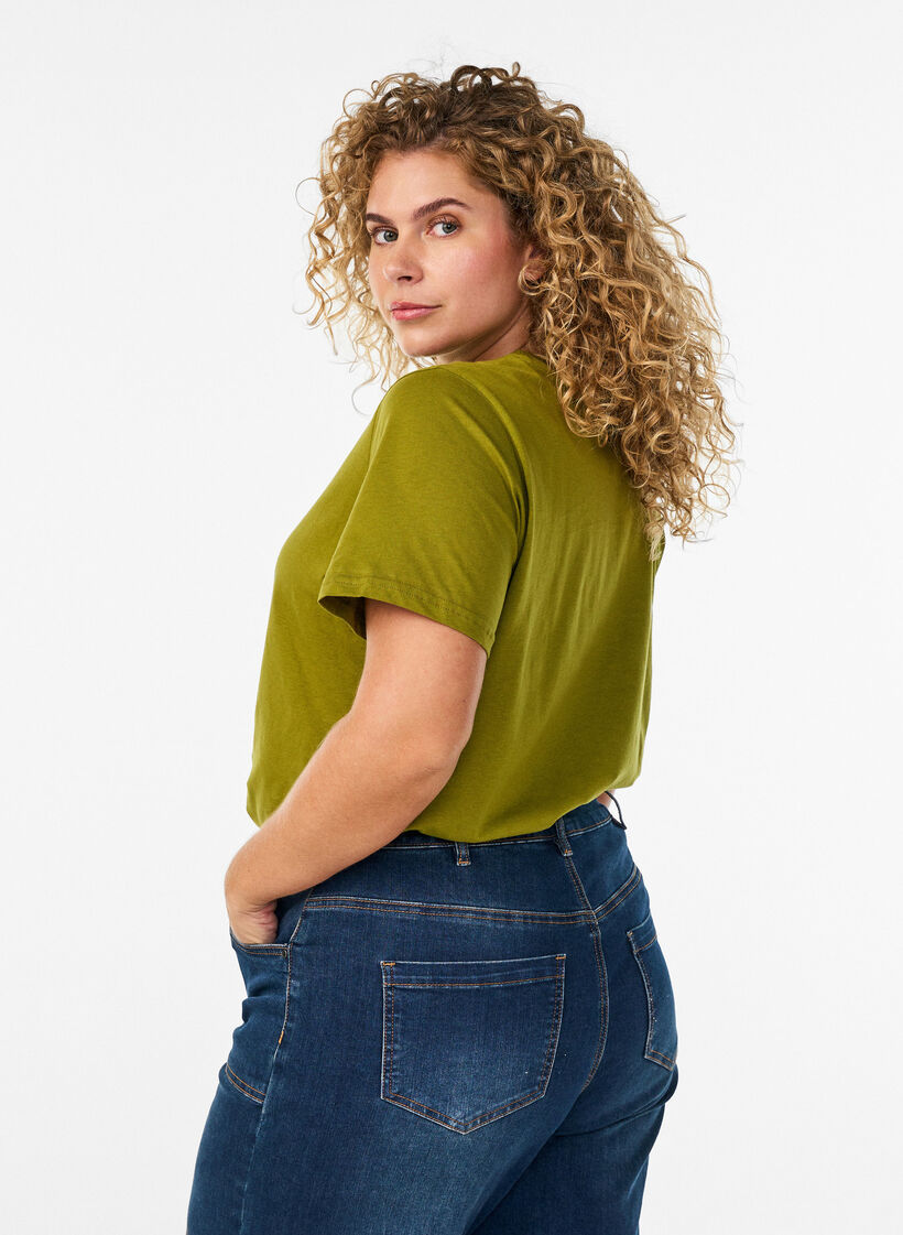 Basic katoenen T-shirt met ronde hals, Groen, Model image number 2