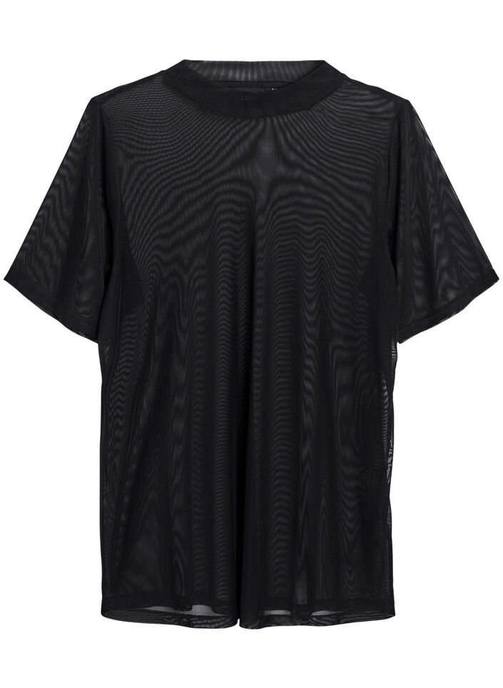 Mesh blouse met korte mouwen, Zwart, Packshot image number 0