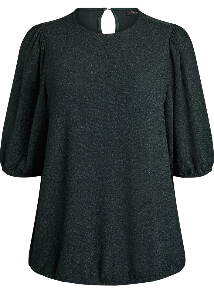 Blouse met glitterpatroon en 3/4 mouwen, Groen, Packshot image number 0
