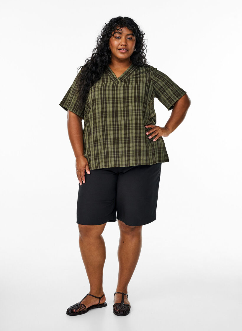 Blouse met ruitjesmotief en V-hals, Groen, Model image number 1