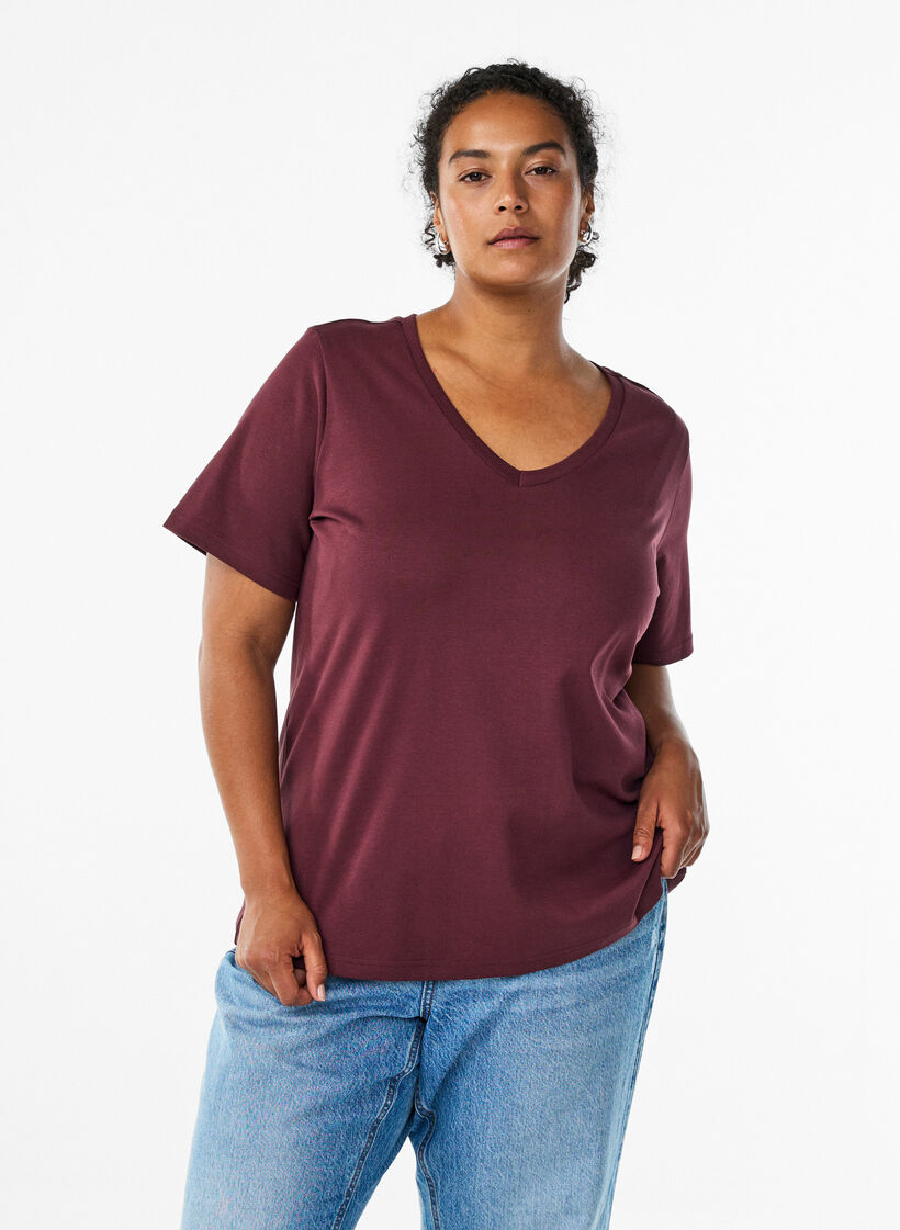 Basic V-hals T-shirt in biologisch katoen, Donker Bordeaux, Model image number 0