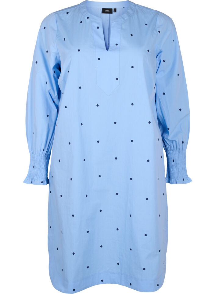 Jurk met polka dots en lange mouwen, Blauw, Packshot image number 0
