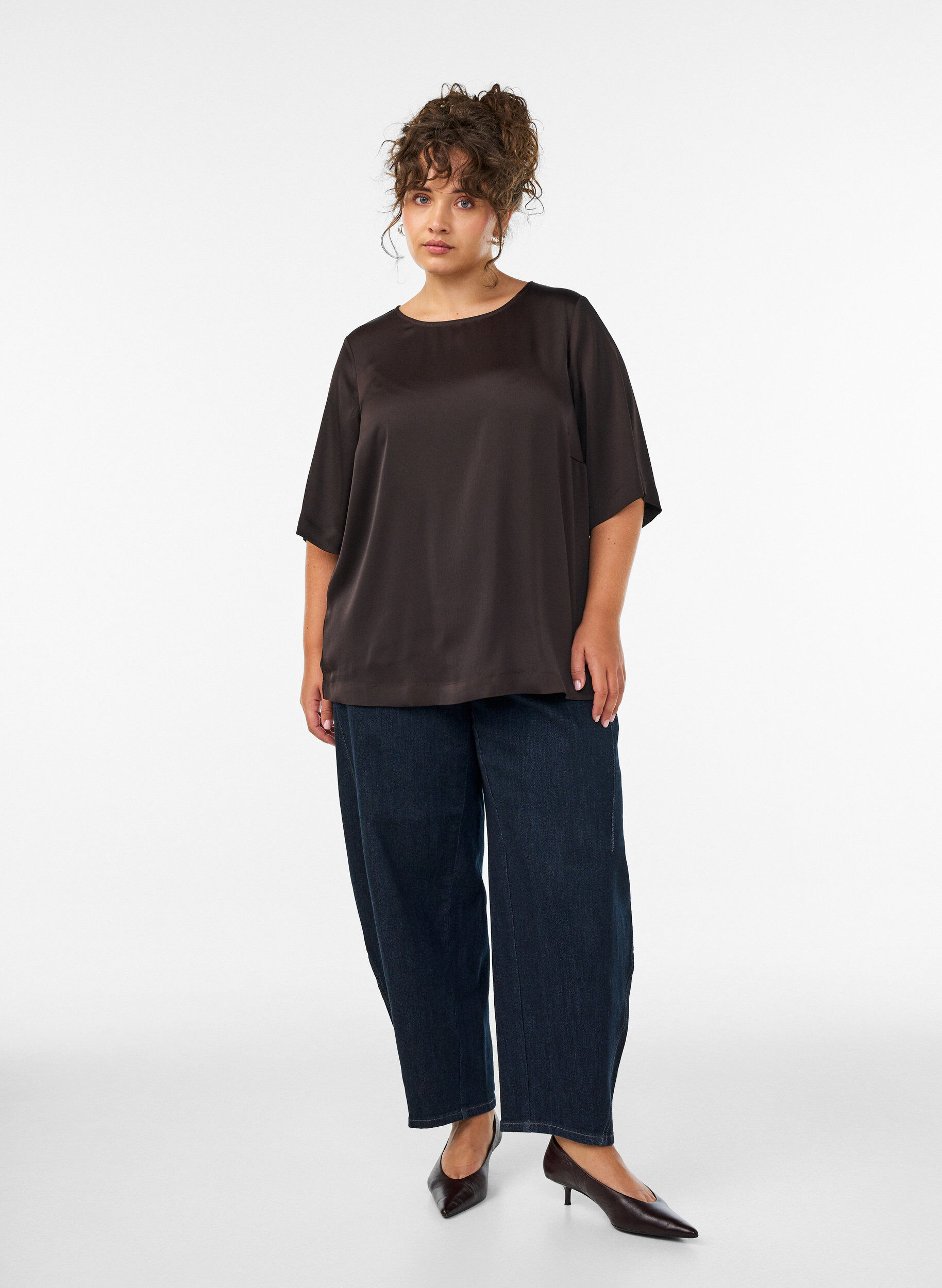 ZizziSatijnen blouse met ellebooglange mouwen, Bruin, Model image number 1