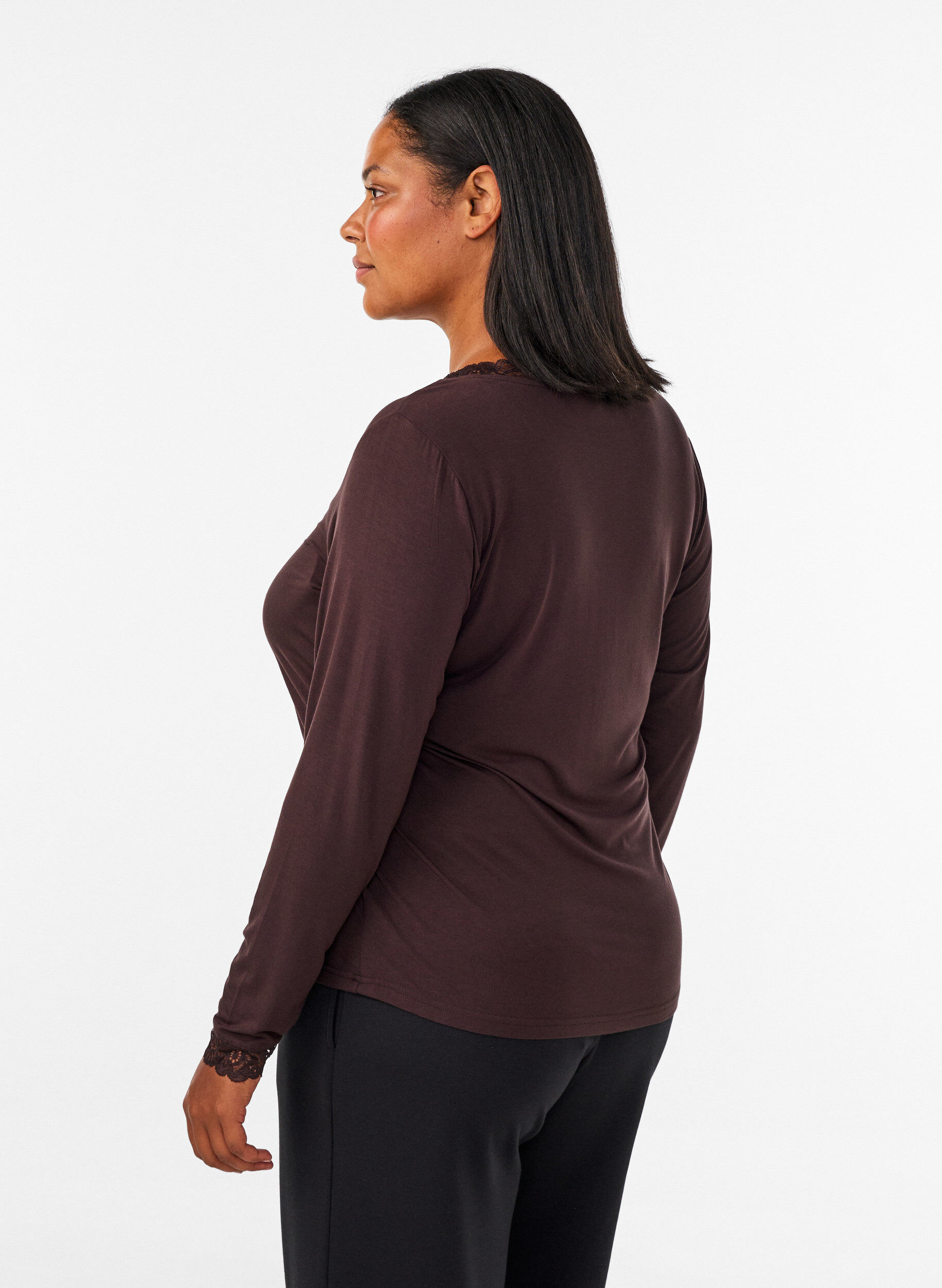 ZizziViscose blouse met kanten afwerking en V-hals, Bruin, Model image number 2