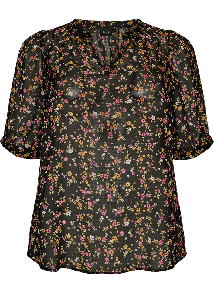 Blouse met bloemenprint en V-hals, Zwart, Packshot image number 0