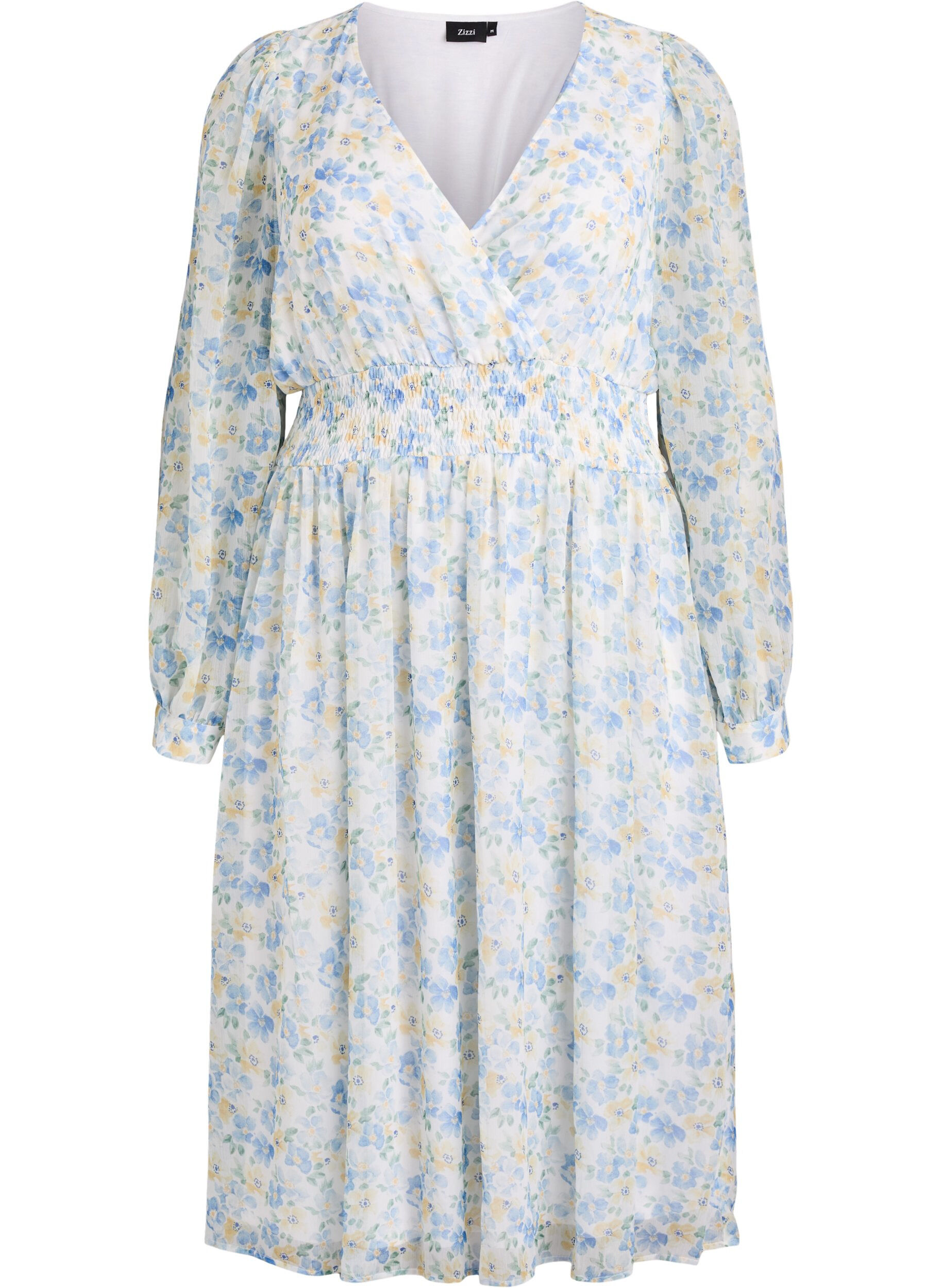 ZizziMidi jurk met bloemen, wikkellook en smock, Blauw, Packshot image number 0