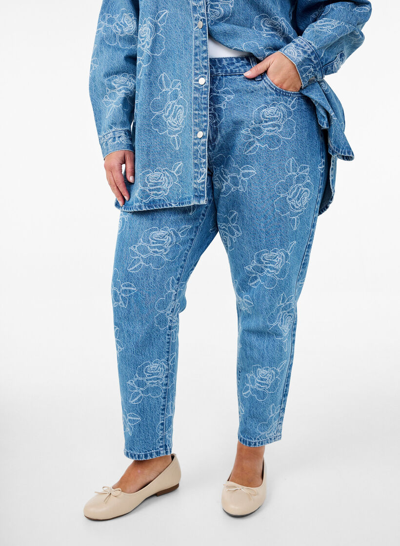 Mille jeans met een bloemenpatroon, Light Blue Denim, Model