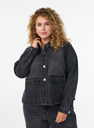 ZizziDenimjas met rhinestones en grote zakken aan de voorkant, Grey Denim, Model image number 0