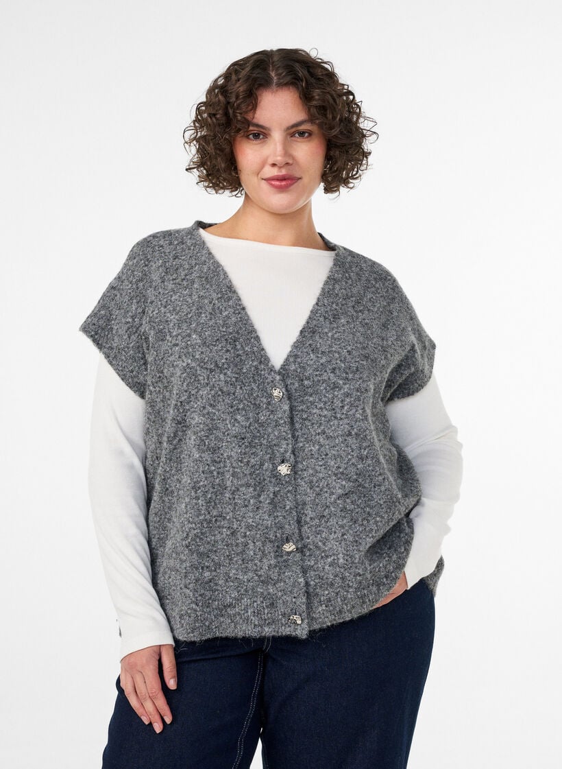 Gebreid gilet met V-hals en decoratieve knopen, Grijs, Model image number 0