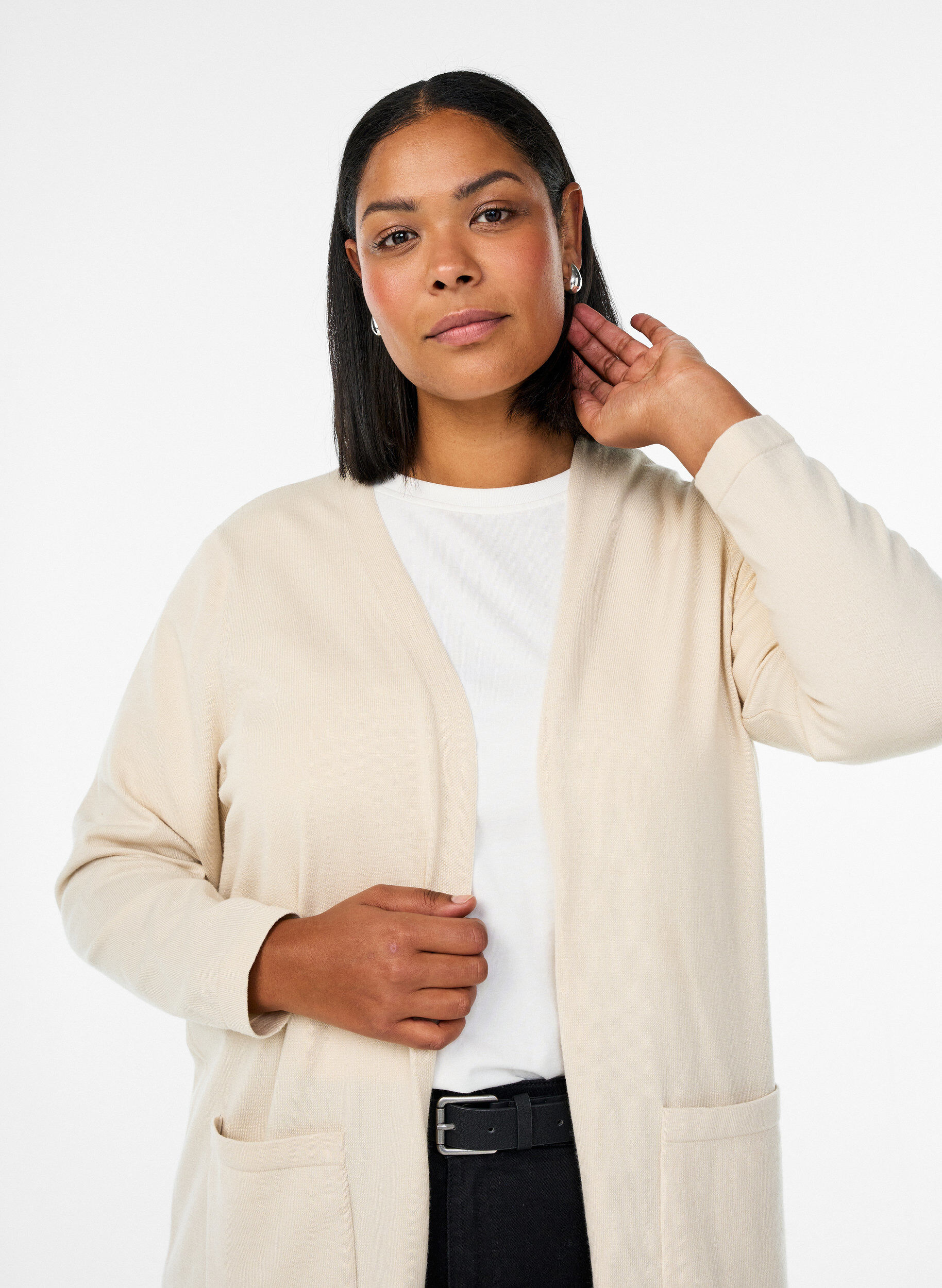 ZizziFLASH &ndash; Lang, open vest met zakken, Beige, Model image number 2