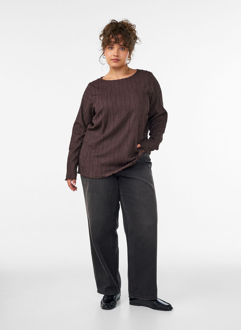 Jersey blouse met een golvende textuur, Bruin, Model image number 1