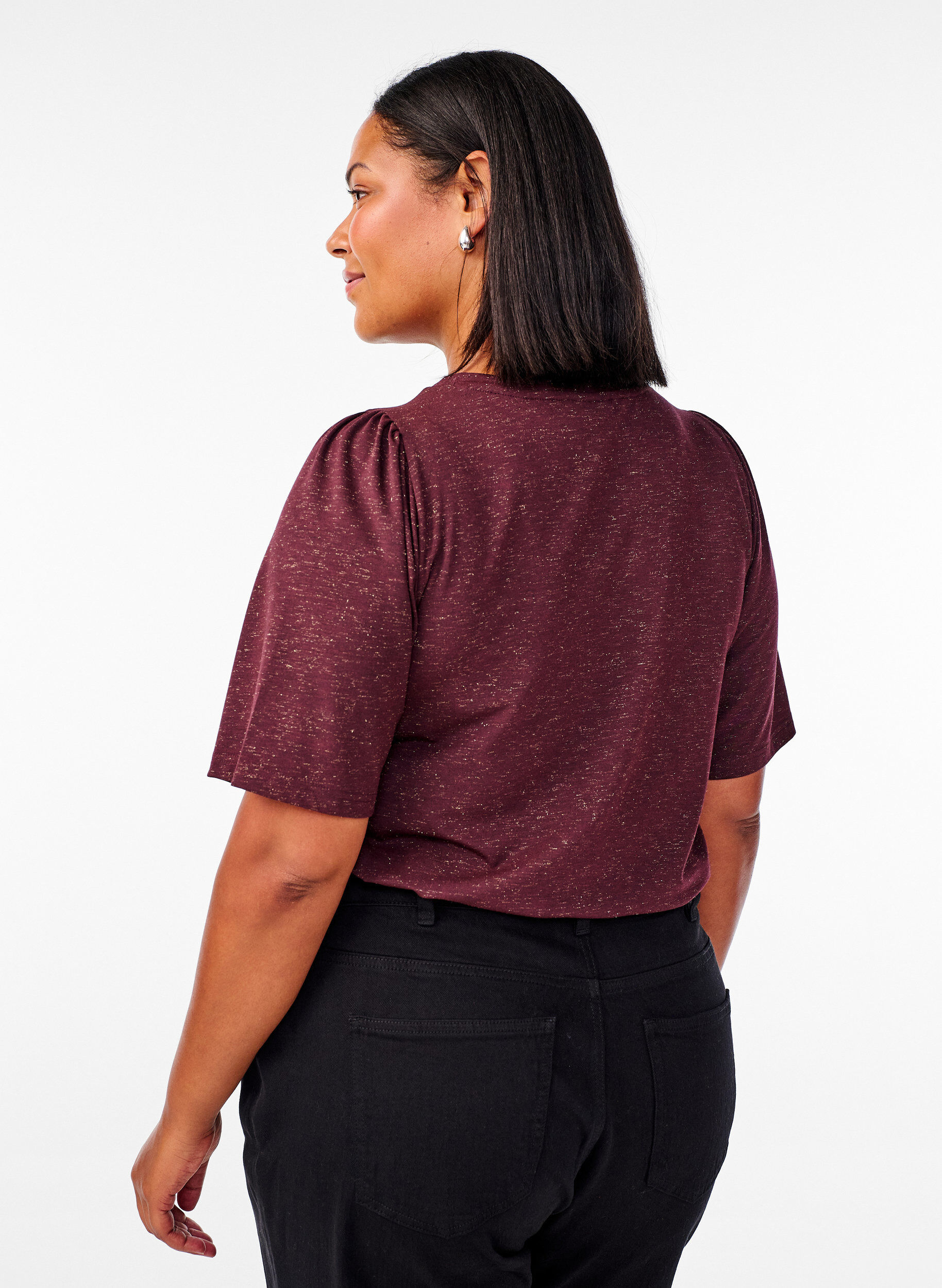 ZizziT-shirt met glitters en korte pofmouwen, Donker Bordeaux, Model image number 2