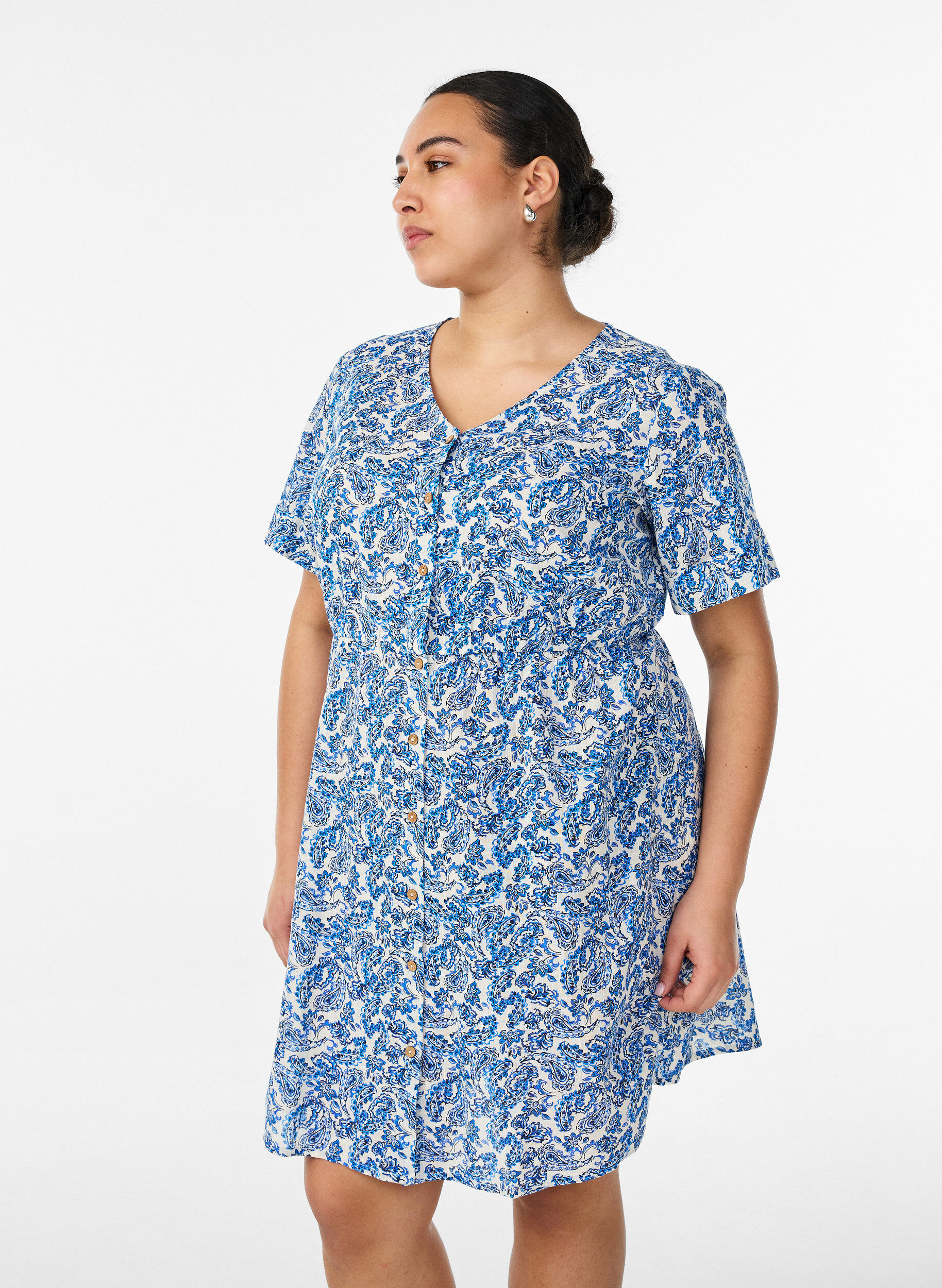 Korte katoenen jurk met bloemenprint, Blauw, Model