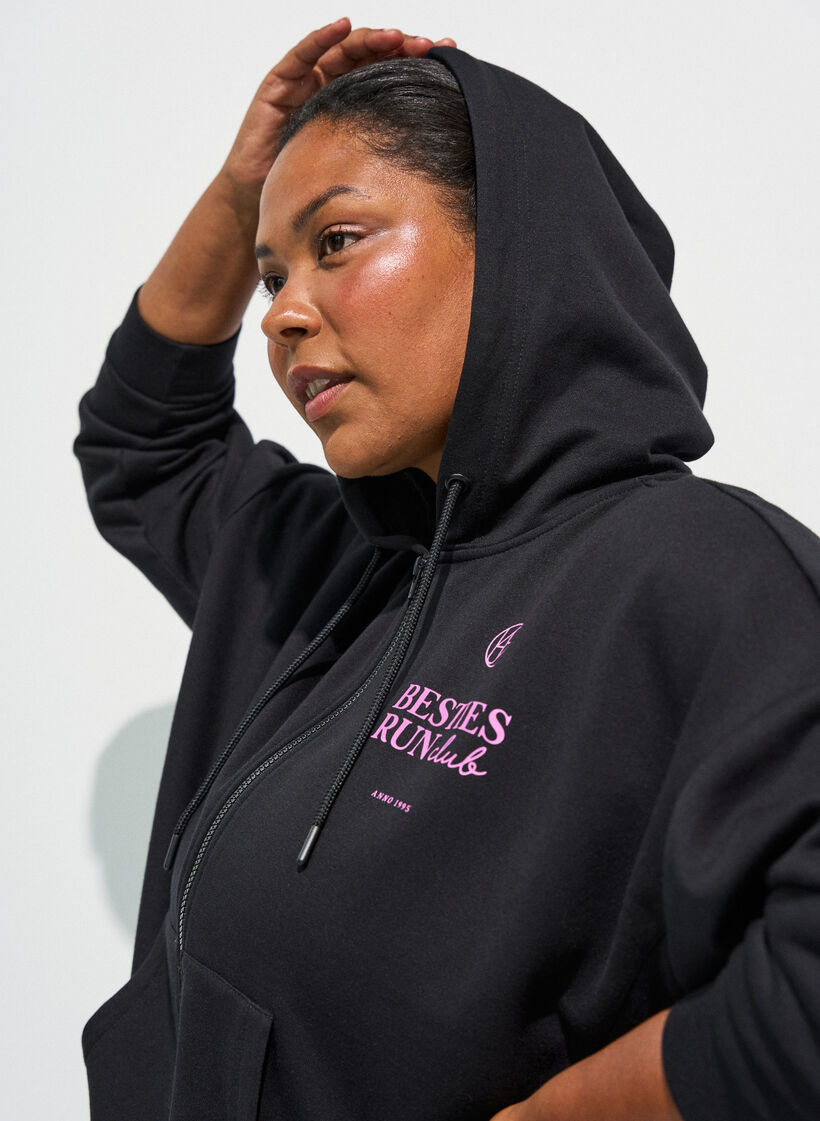 Hoodie met ritssluiting en borstprint, Zwart, Model image number 3