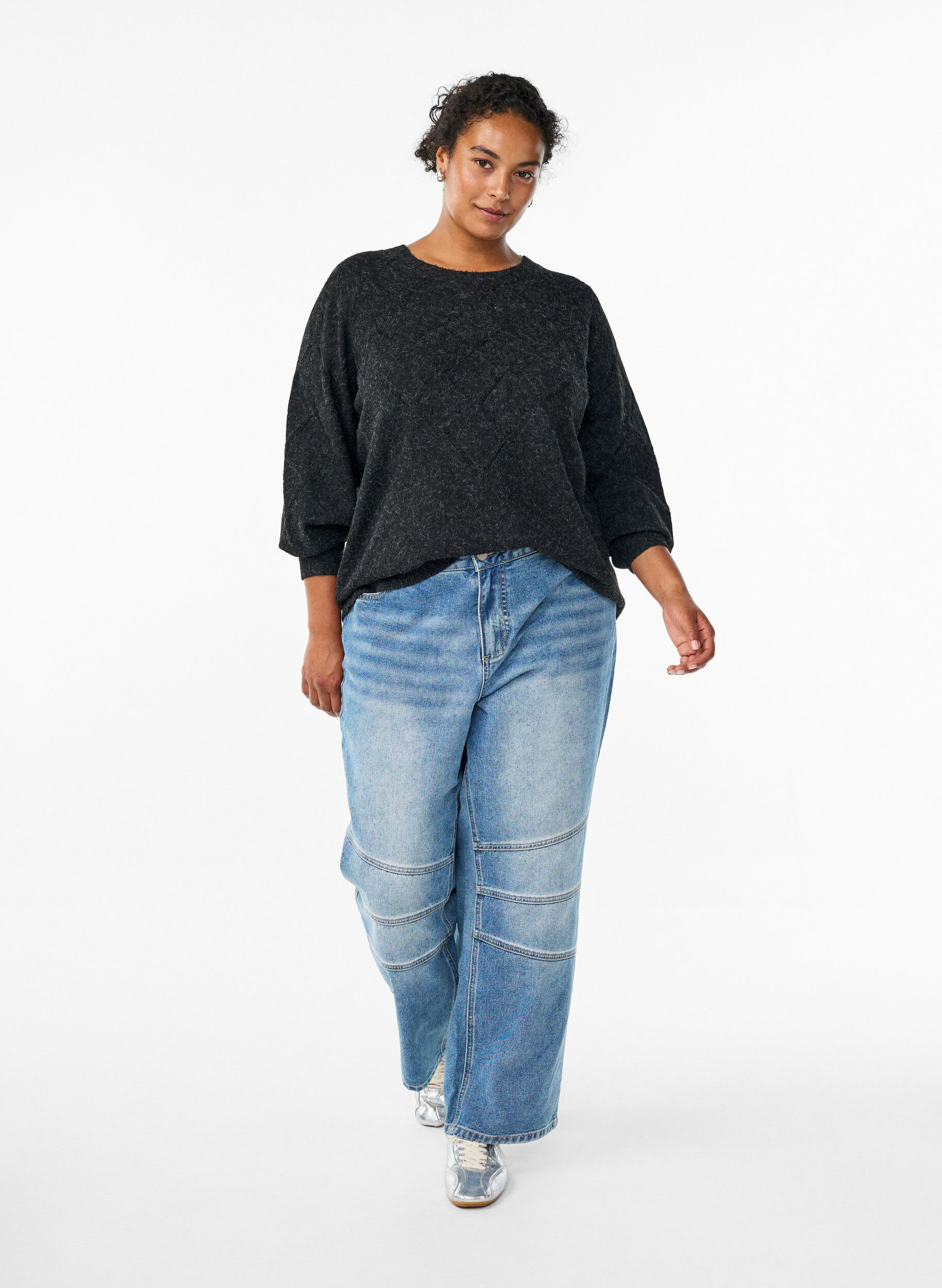 ZizziGebreide top met opengewerkt patroon en ballonnen mouwen, Grijs, Model image number 1