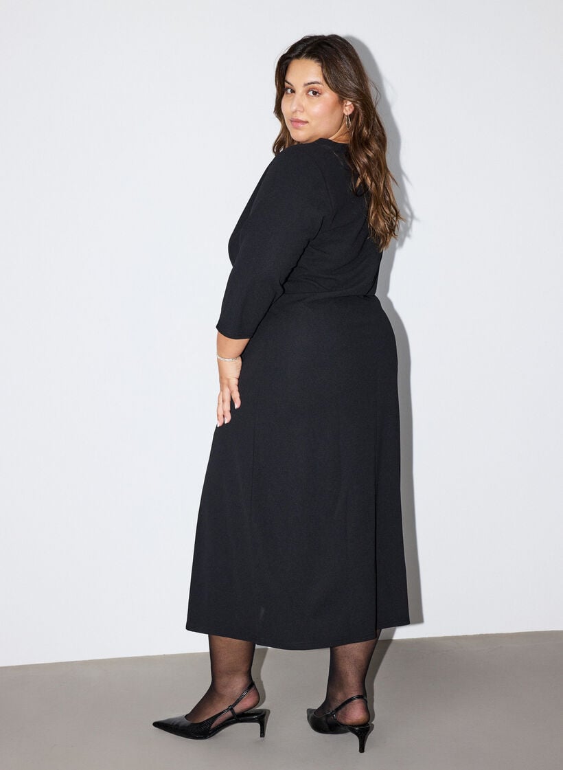 Jersey jurk met drapering en decoratieve gesp, Zwart, Model image number 1