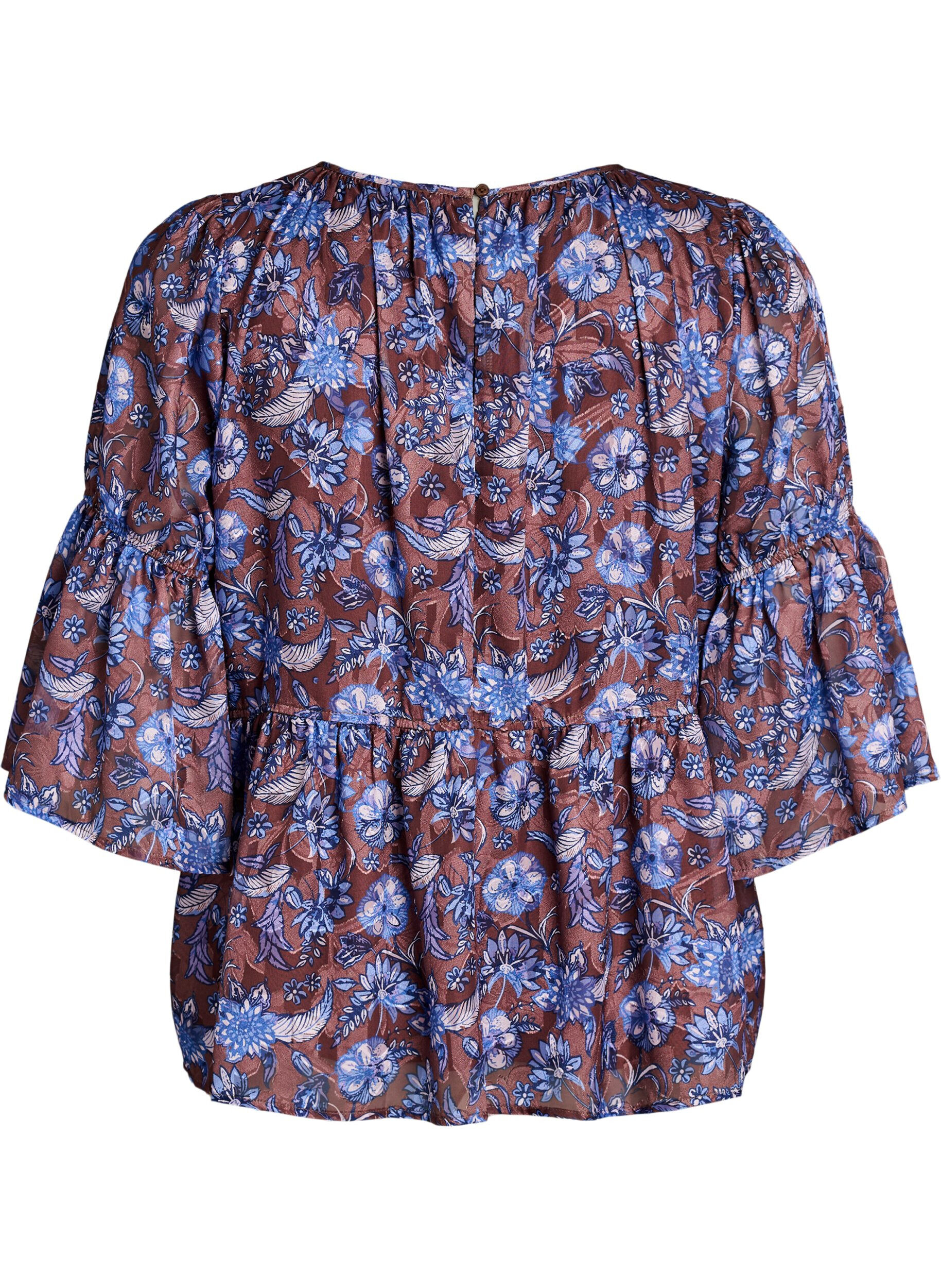 ZizziBlouse met bloemenprint en ruches aan de mouwen, Bruin, Packshot image number 1