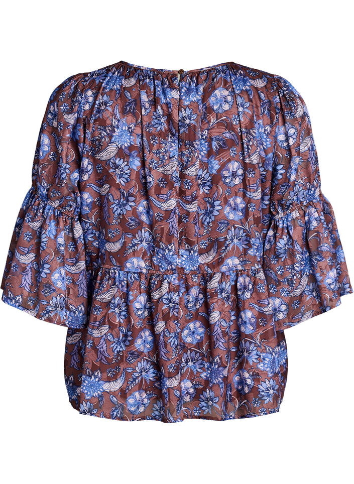 Blouse met bloemenprint en ruches aan de mouwen, Bruin, Packshot image number 1