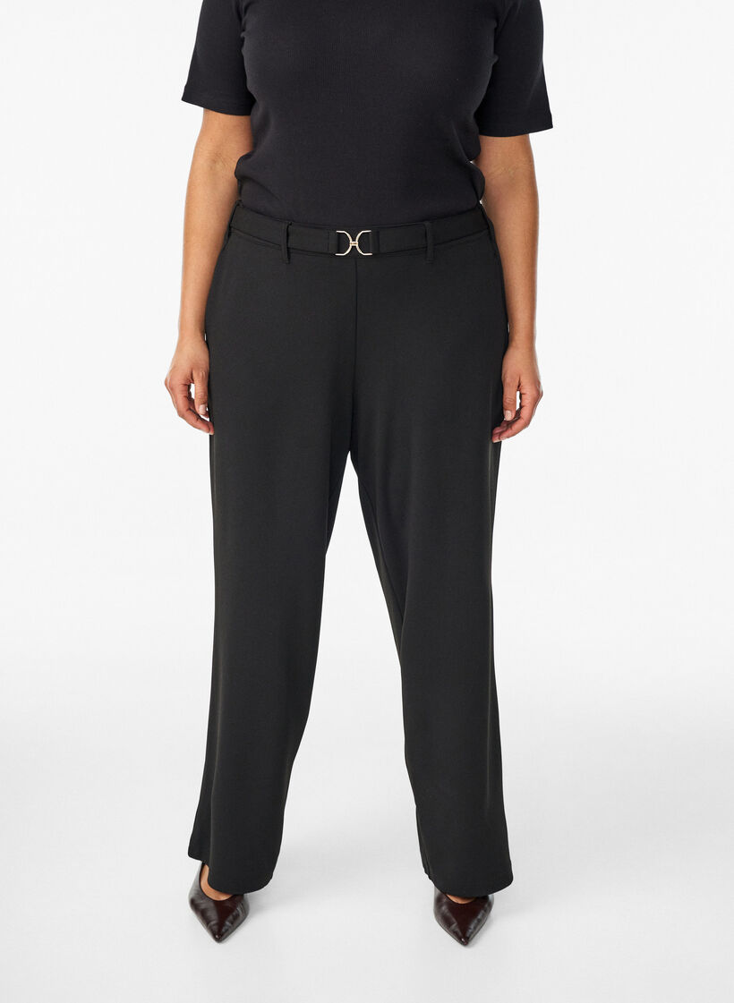 High-waisted broek met riemdetail en gouden gesp, Zwart, Model image number 2