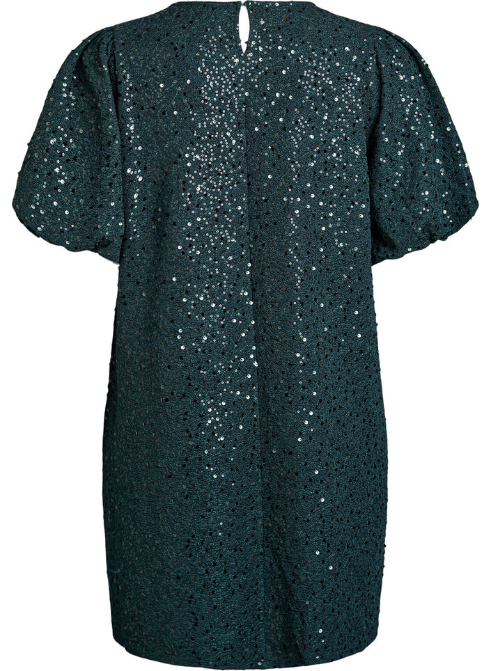 Korte jurk met pailletten en pofmouwen, Groen, Packshot image number 1