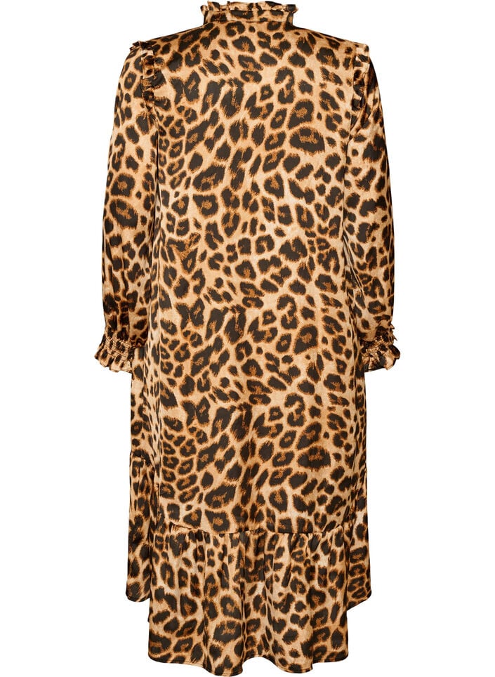 Jurk met luipaardprint en ruches, Bruin, Packshot image number 1