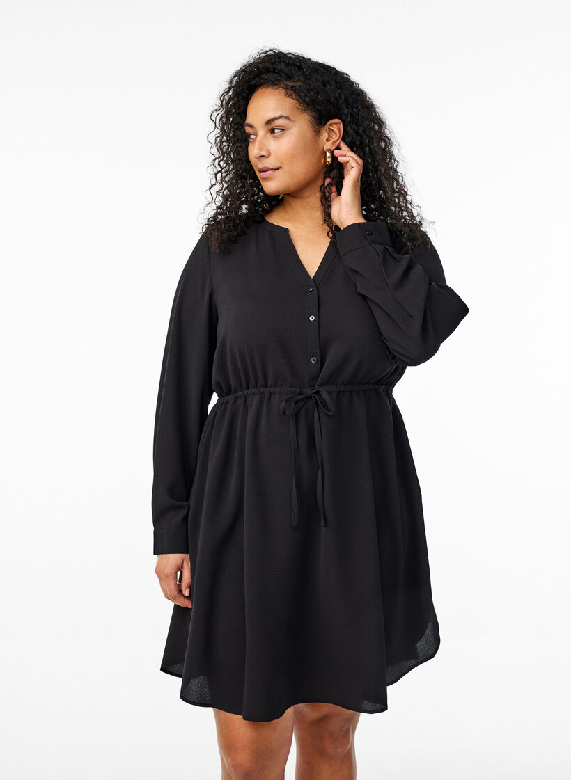 Knielange jurk met strikceintuur, Zwart, Model image number 0