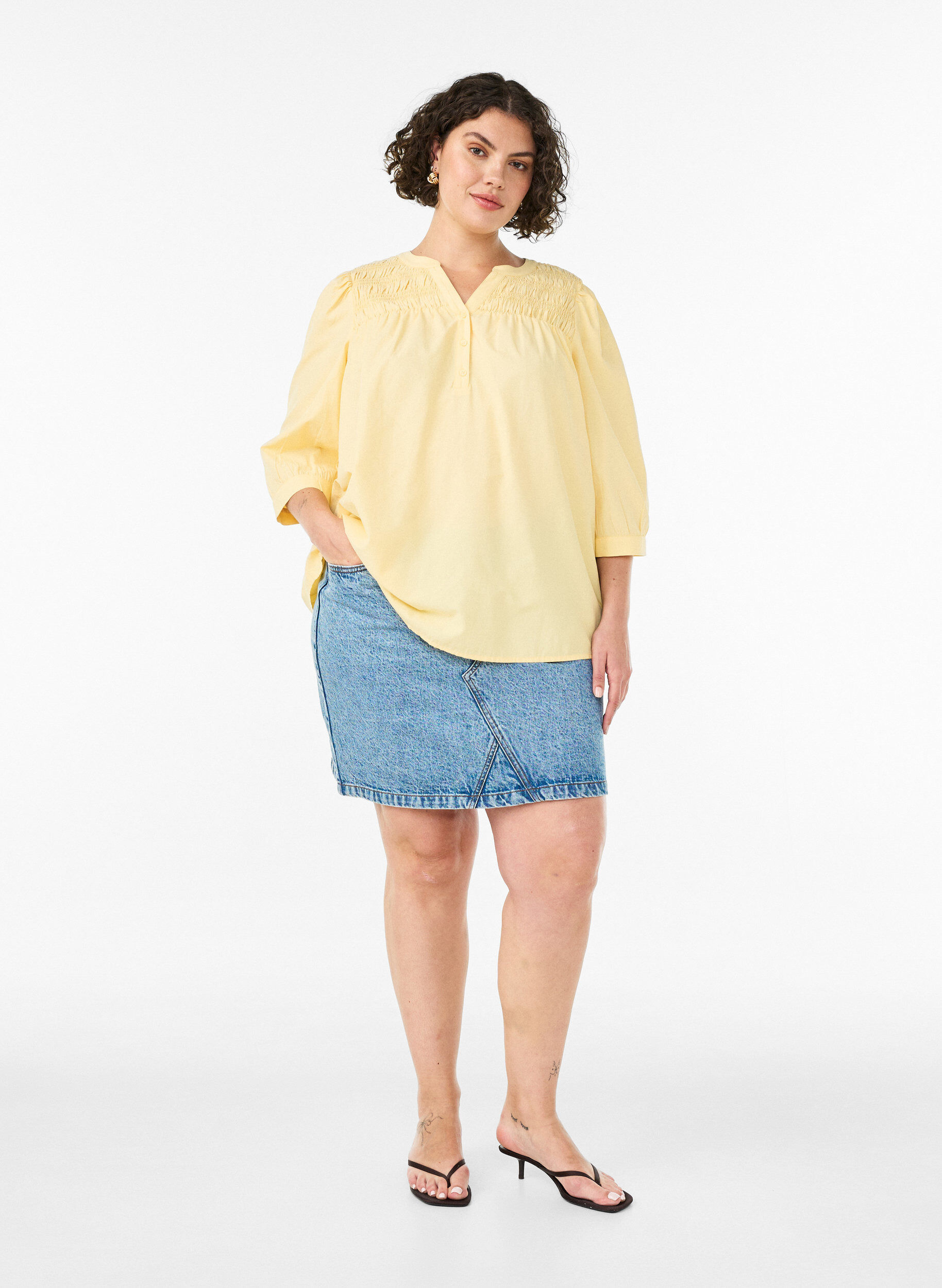 ZizziBlouse met smock en 3/4 mouwen, Geel, Model image number 1