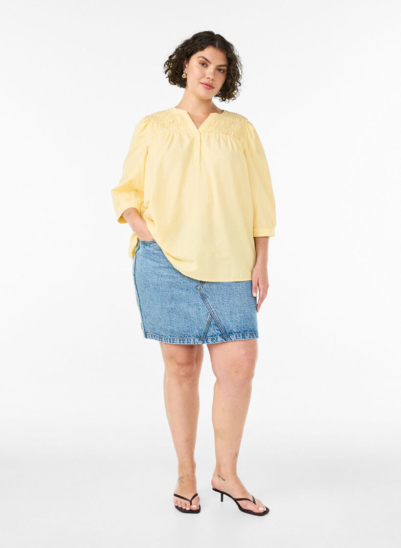 Blouse met smock en 3/4 mouwen, Geel, Model image number 1