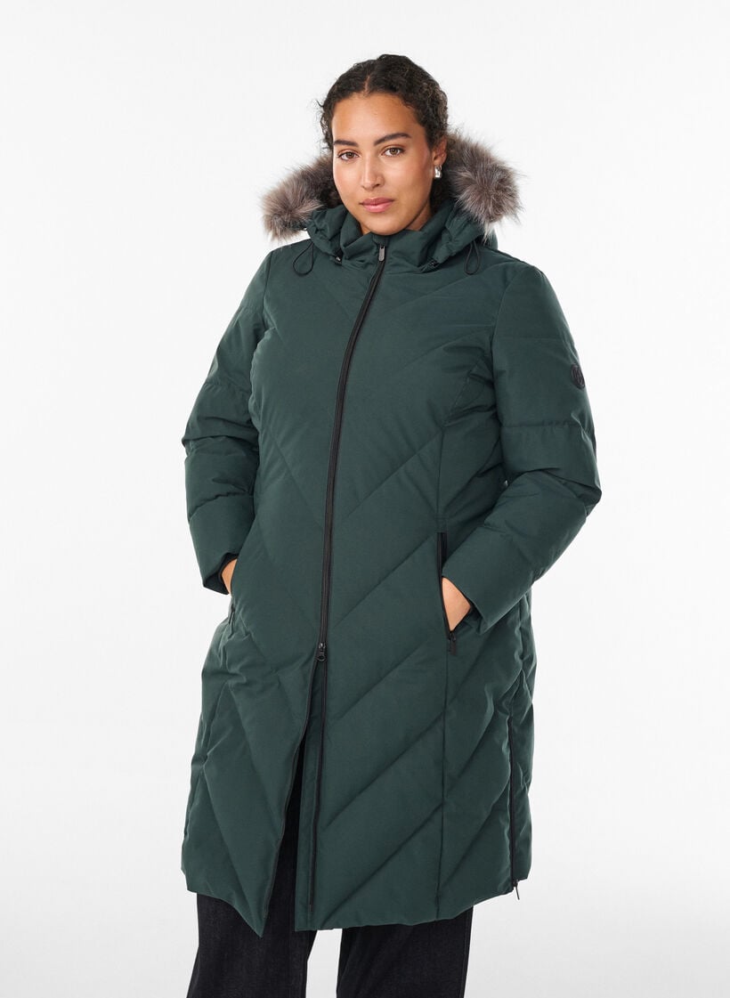 Lange winterjas met haaksluitingen en een nep bontkraag, Groen, Model image number 0