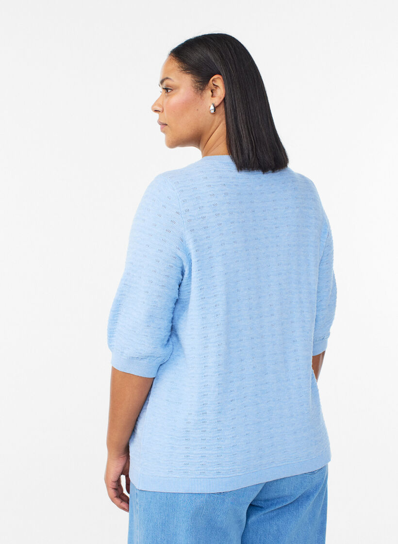 Gebreide blouse met structuurpatroon en korte mouwen, Blauw, Model image number 2