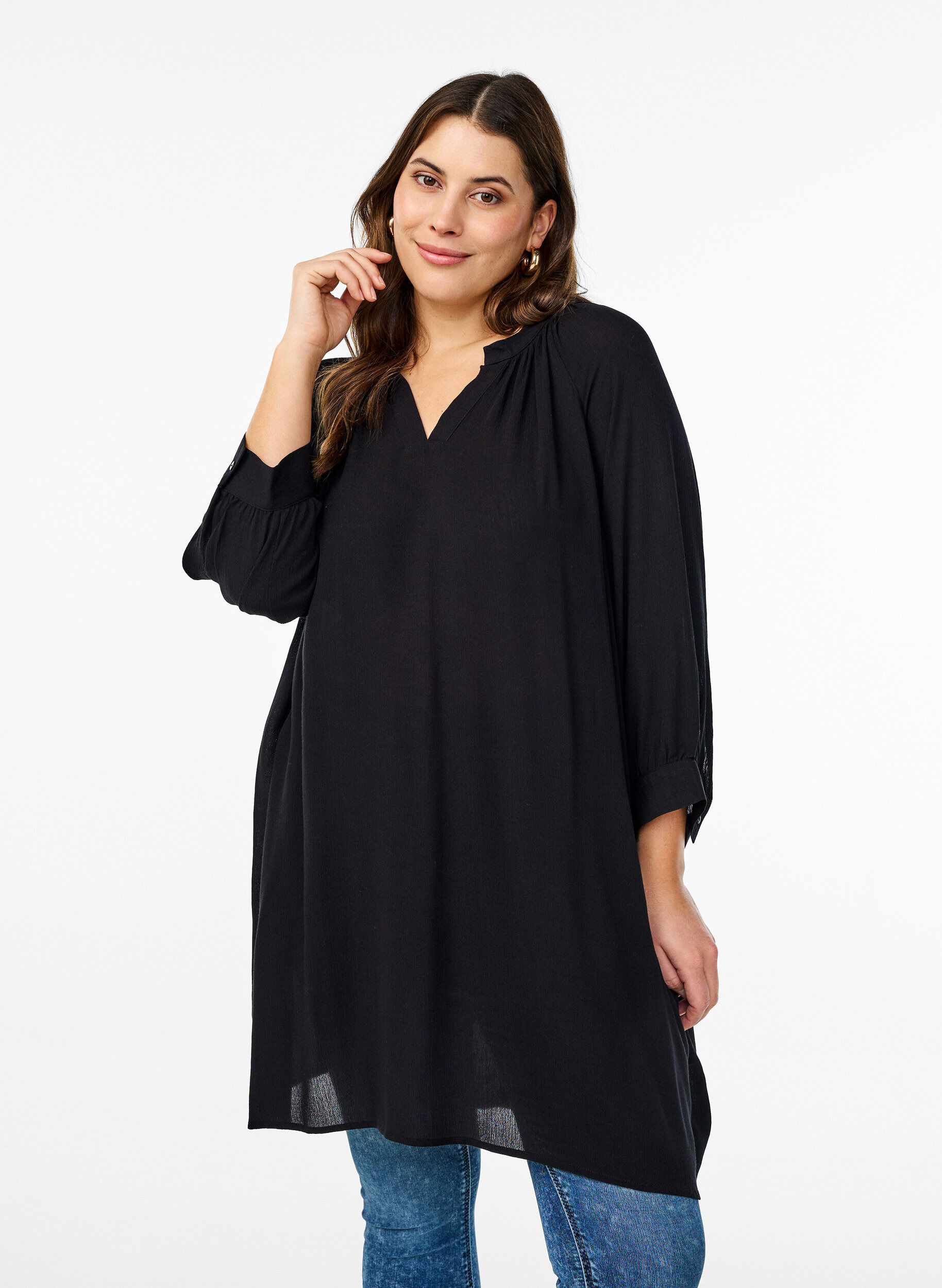 Tuniek met 3/4 mouwen en een A-lijn snit, Zwart, Model