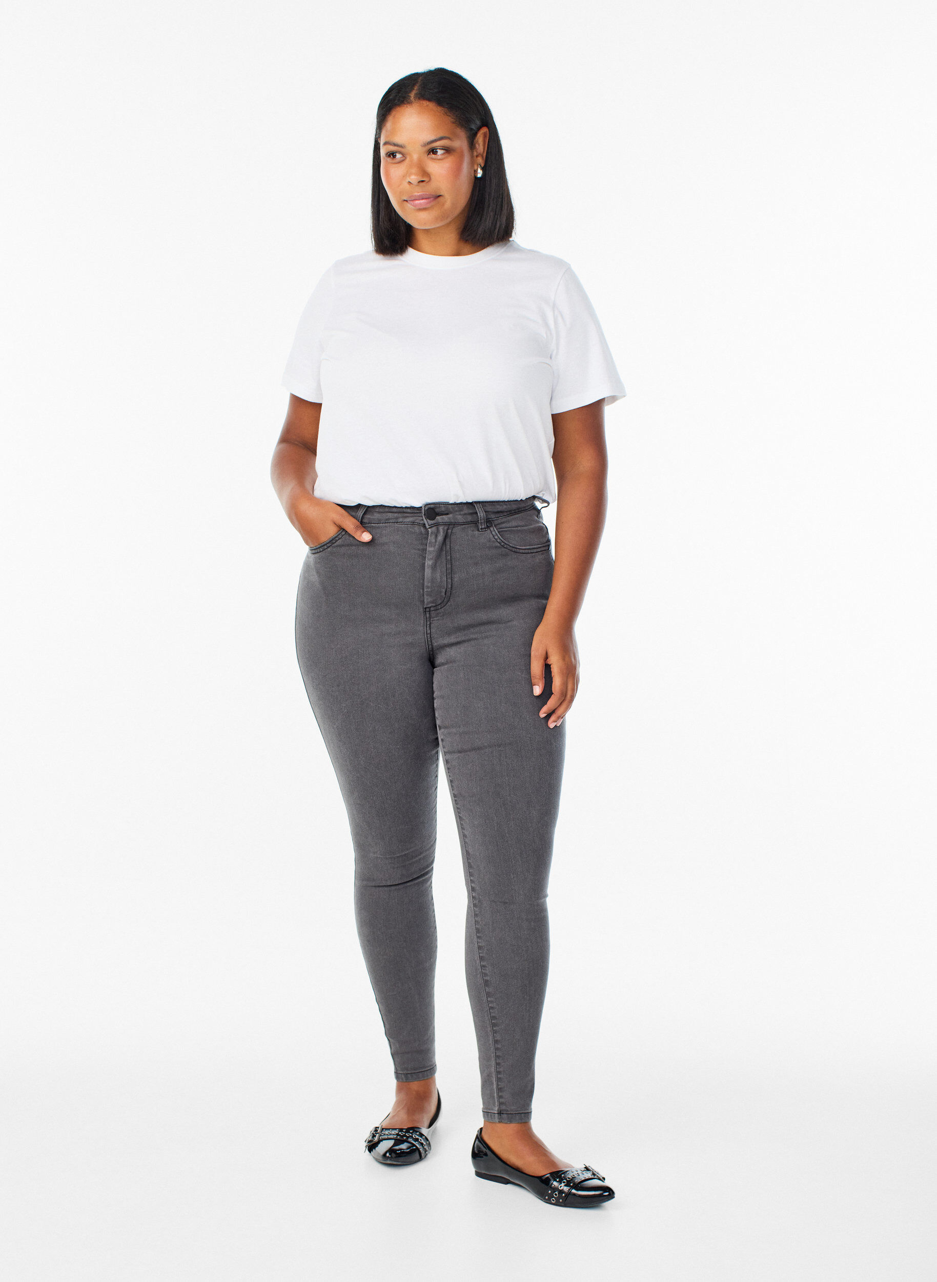 Amy super slim fit jeans met hoge taille, Grijs, Model