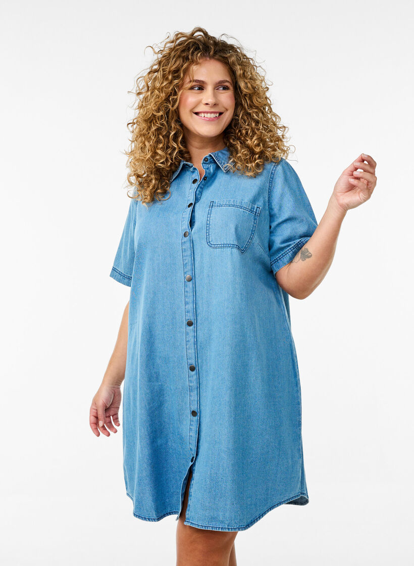 Robe chemise en denim &agrave; manches courtes, Bleu Clair, Model image number 0